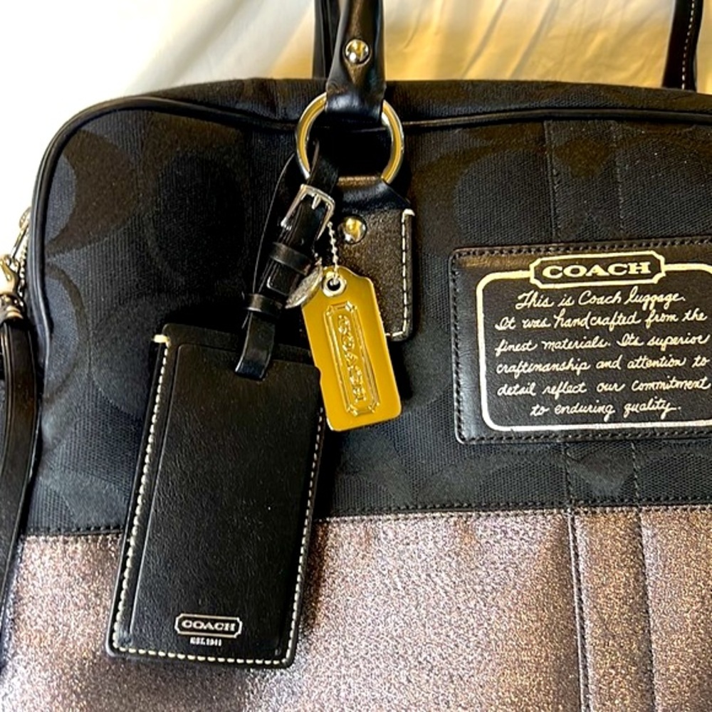 COACH Logo 2 Way Authentic Tote Bag duffel Charm Canvas Leather 10392 Black - Picture 4 of 10